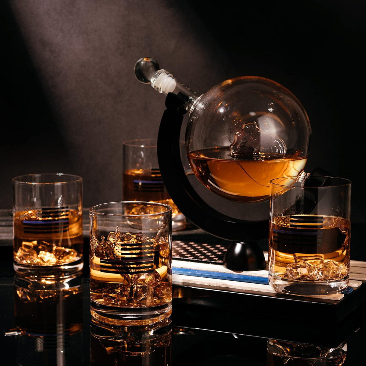 Police Officers Decanter - Whiskey and Wine Set 850ml & Four 10oz Glasses, Thin Blue Line Flag Base - Law Enforcement Gifts, Police & Police Academy, Gift Set First Responders! Gifts for Dad The Wine Savant