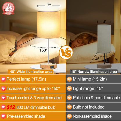 𝟮𝟬𝟮𝟯 𝗡𝗘𝗪 Touch Wood Table Lamps Set of 2, Bedroom Lamps with 2 USB & AC Outlet, 3-Way Dimmable Bedside Nightstand Lamps for Bedroom Living Room Nursery, 800 Lumens 2700K Bulbs Included