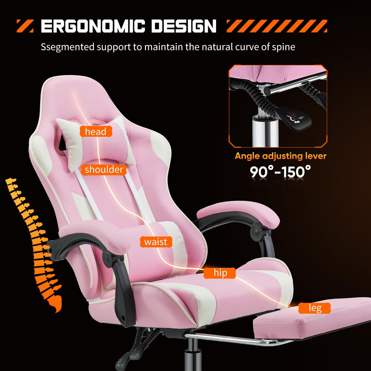 Sweetcrispy Video Game Desk Chair - Ergonomic Computer with Footrest and Comfy Lumbar Support, PU Leather Recliner with Headrest, Fixed Up Armrest, Height Adjustable with 360° Swivel, for Adults, Pink Sweetcrispy
