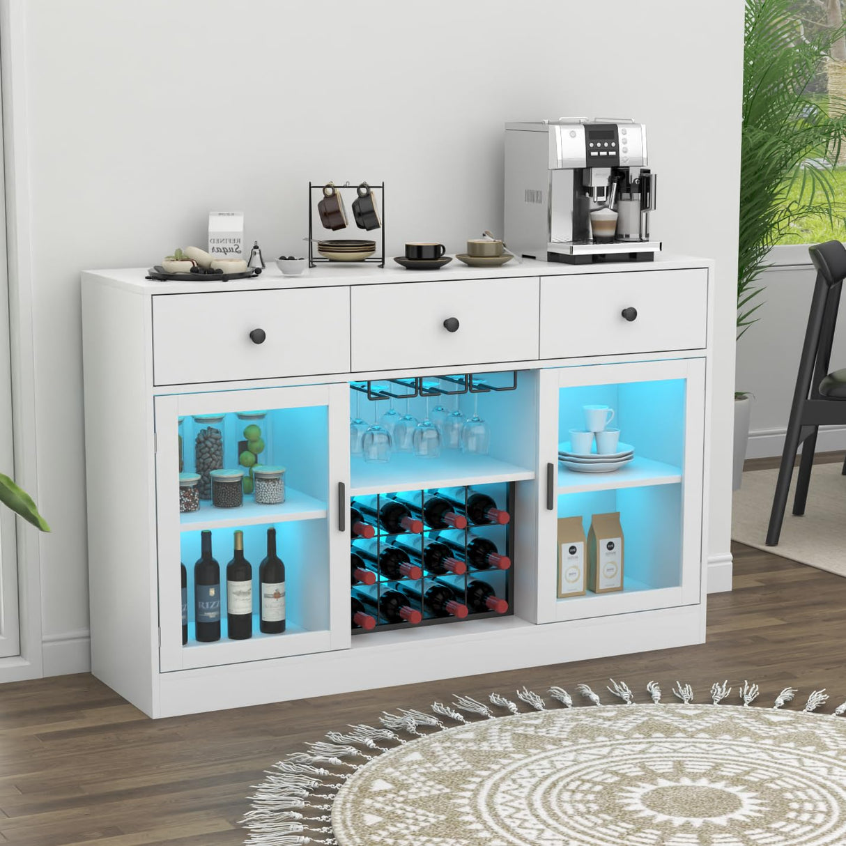 Auromie Wine Bar Cabinet with LED Light, Home Coffee Cabinet with Wine and Glass Rack, Kitchen Buffet Sideboard with Storage Drawers & Adjustable Shelves, Modern Liquor Cabinet with Glass Door (White) Auromie