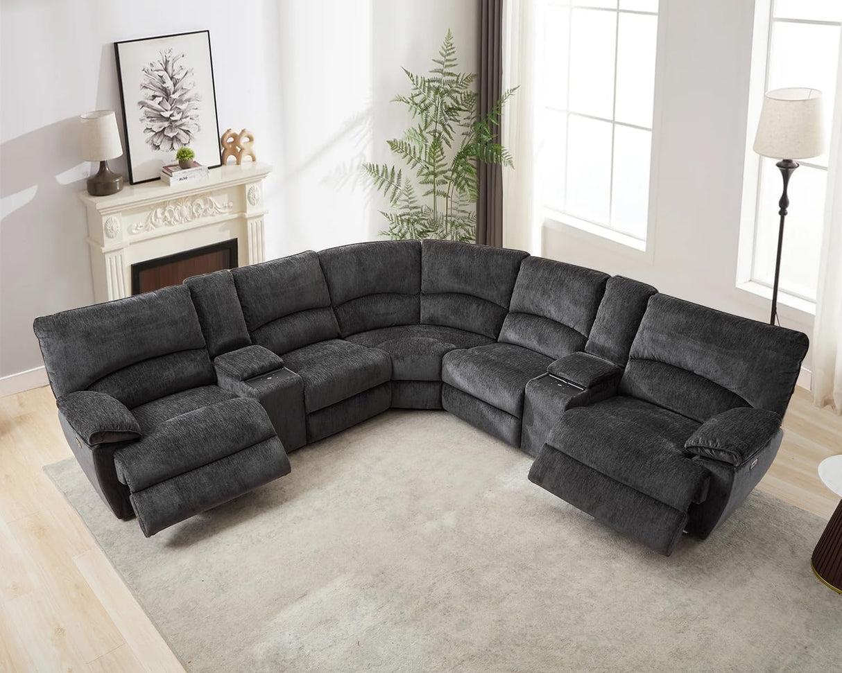 Oversized Power Reclining Sectional Sofa with Wireless Charging, Modern Electric Recliner 5 Seater Sofa, Family-Sized Sectional Corner Couch with USB Charging, Thickened Padding, Sturdy Frame, Grey TODRANI