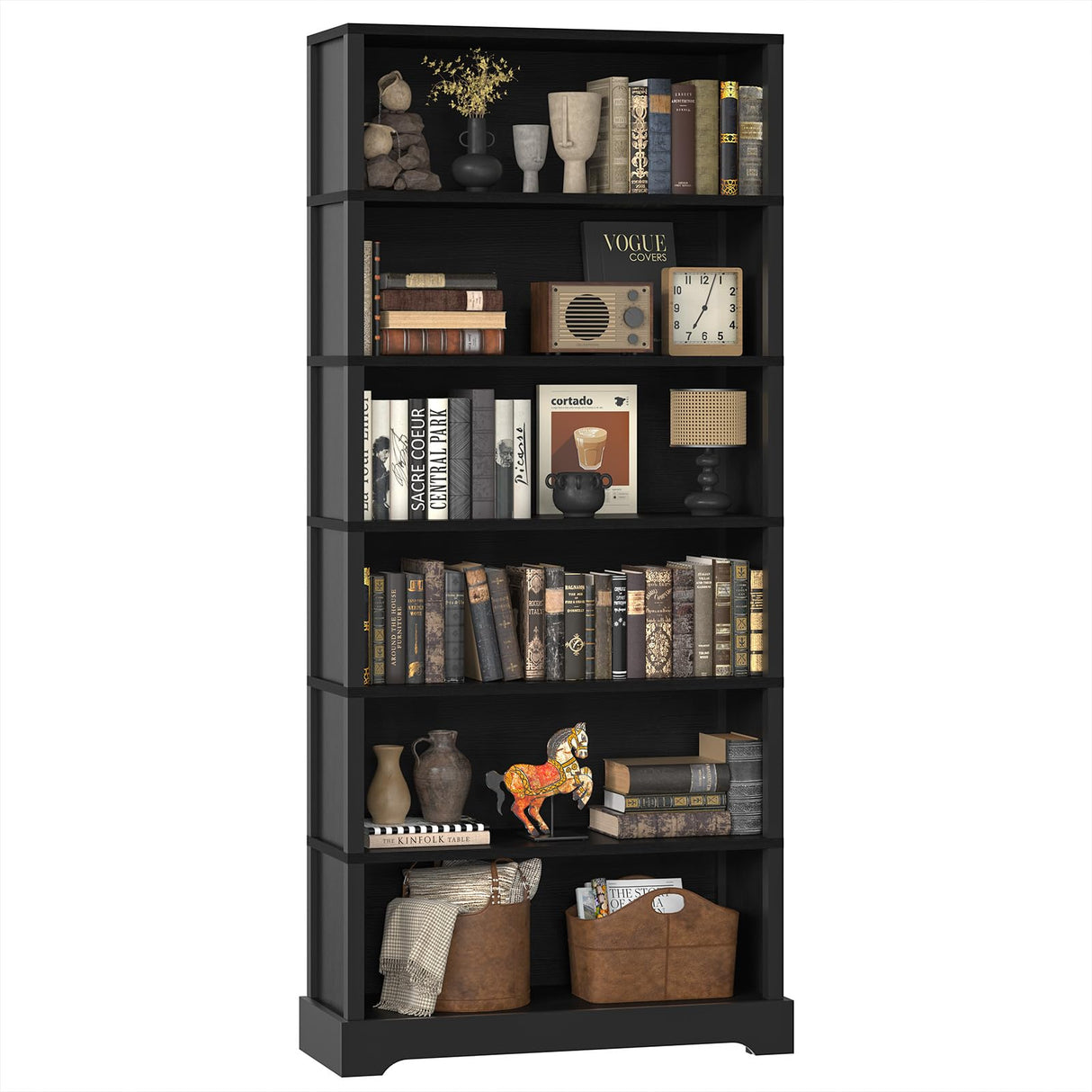 TVU 6-Tier Wooden Bookshelf, 77.2" Tall Farmhouse Style Open Bookcase, 31.5" W Standing Book Shelf with Storage, Suitable for Study, Living Room, Office, Blcak TVU