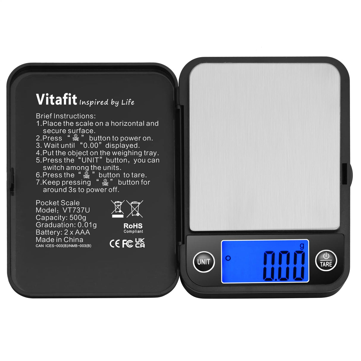 Vitafit 500g Digital Pocket Scale,High Accuracy Assured by Scale Professional Factory Since 2001, Gram Scale 0.01g for Multifunction: Lab,Food, Kitchen,Coffee,Jewelry; Black Vitafit