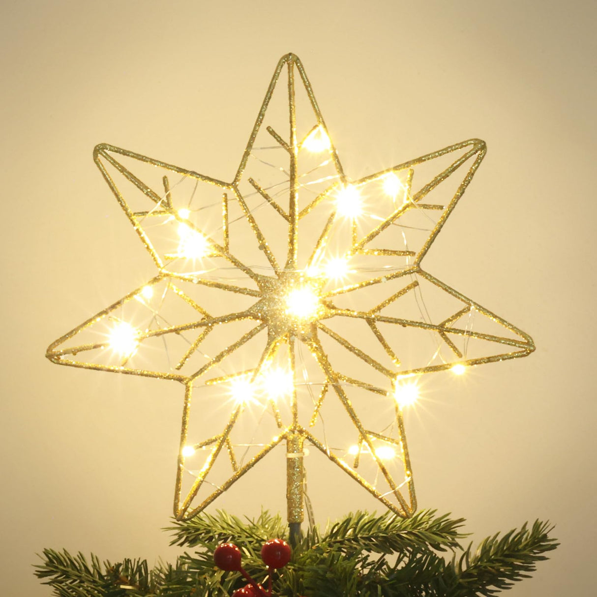 YEAHOME Christmas Tree Topper, Gold Glittered Hollow 7-Point Star Tree Topper, Lighted Wire Star with 20 LED Lights for Christmas Treetop, Xmas Tree Topper with Timer, Christmas Tree Decorations YEAHOME