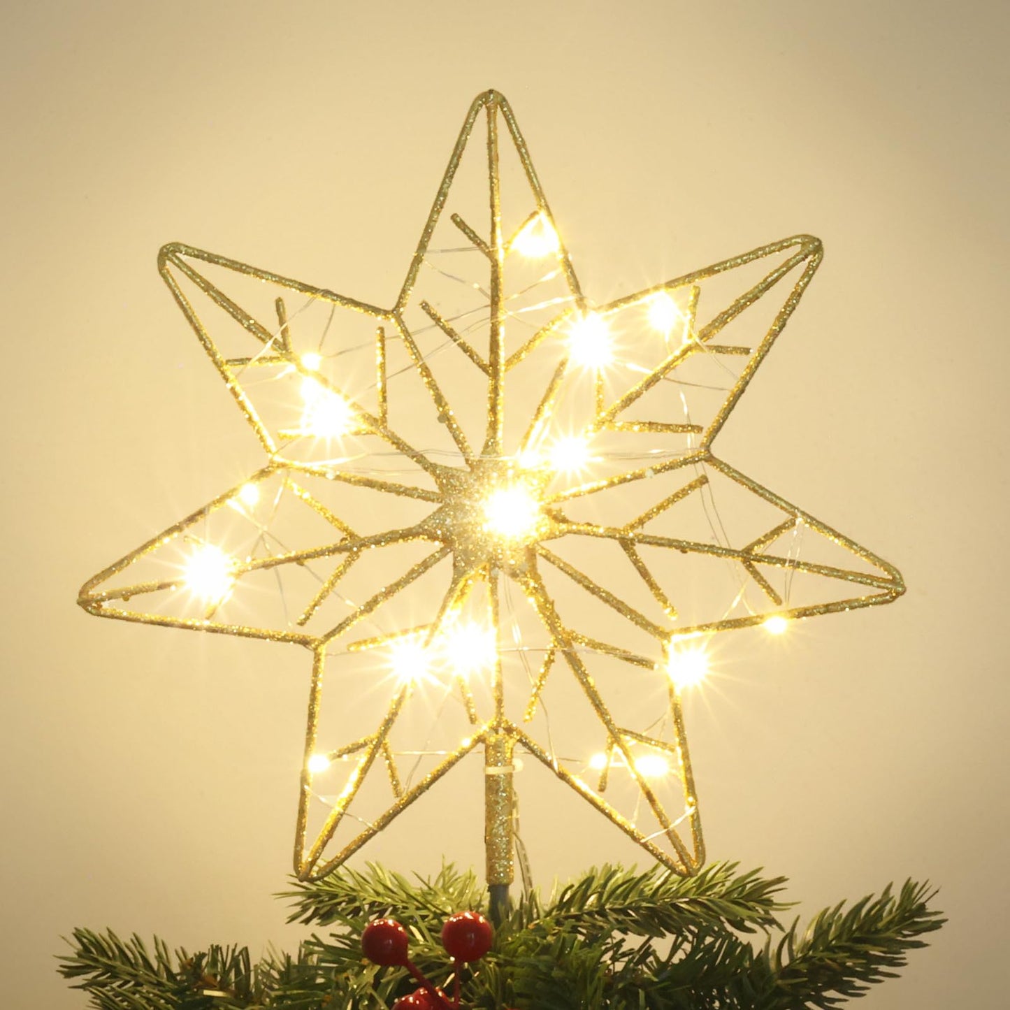 YEAHOME Christmas Tree Topper, Gold Glittered Hollow 7-Point Star Tree Topper, Lighted Wire Star with 20 LED Lights for Christmas Treetop, Xmas Tree Topper with Timer, Christmas Tree Decorations