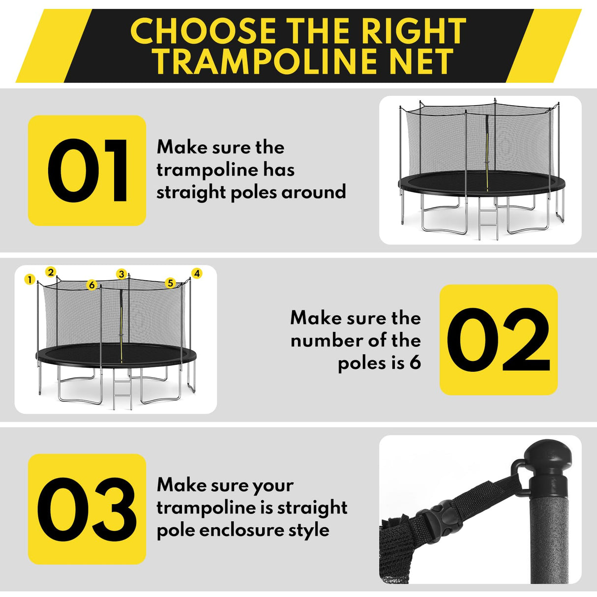 Trampoline Safety Net, 12ft Weather-Resistant Replacement Enclosure Net for 6 Poles Round Frame, with Double-Headed Zippers and Adjustable Straps ZEMBSOYA