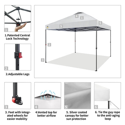 CROWN SHADES 10x10 Pop Up Canopy - Beach Tent with One Push Setup - Outdoor Canopy Tent with STO-N-Go Cover Bag for Events, Parties, Silver Coated Top, 3 Height & 4 Sand Bags, White