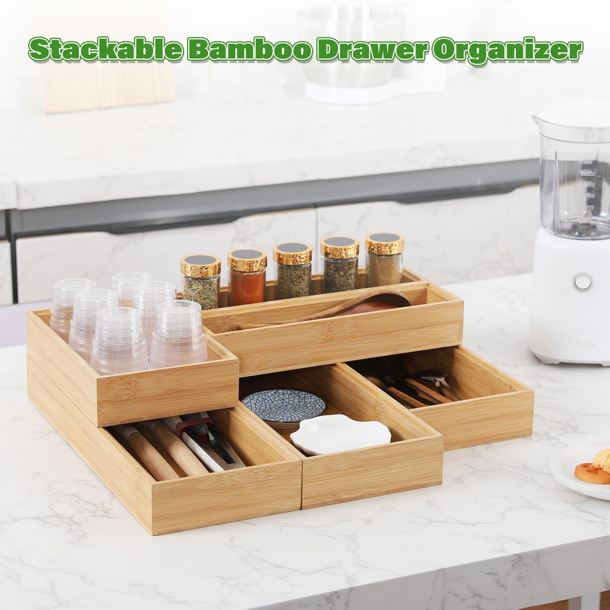 Bamboo Drawer Organizer, 2PCS Stackable Storage Boxes for Utensil Organizer, Wood Tray for kitchen, Bathroom and Bedroom 12" x 3" x 2" Timboops Home