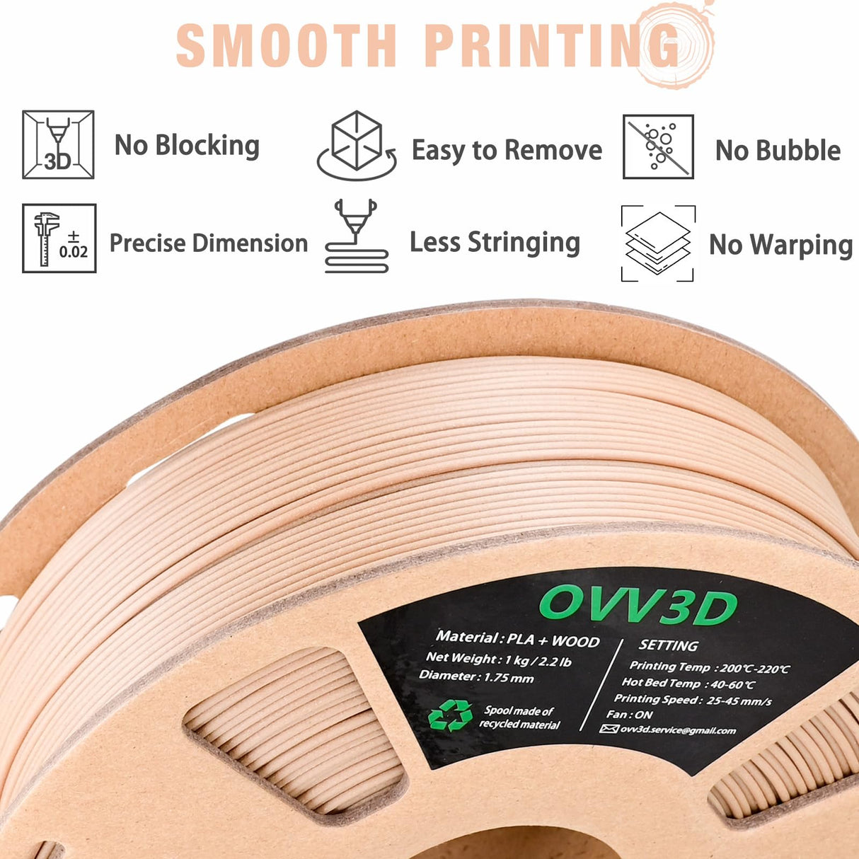OVV3D Wood PLA Filament 1.75mm, 3D Printer Filament, White Oakwood PLAFilament More Than 30% Real Wood Fiber, Matte and Frosted, 1.75 PLA 3D Printing Filament, 1kg OVVNYXE