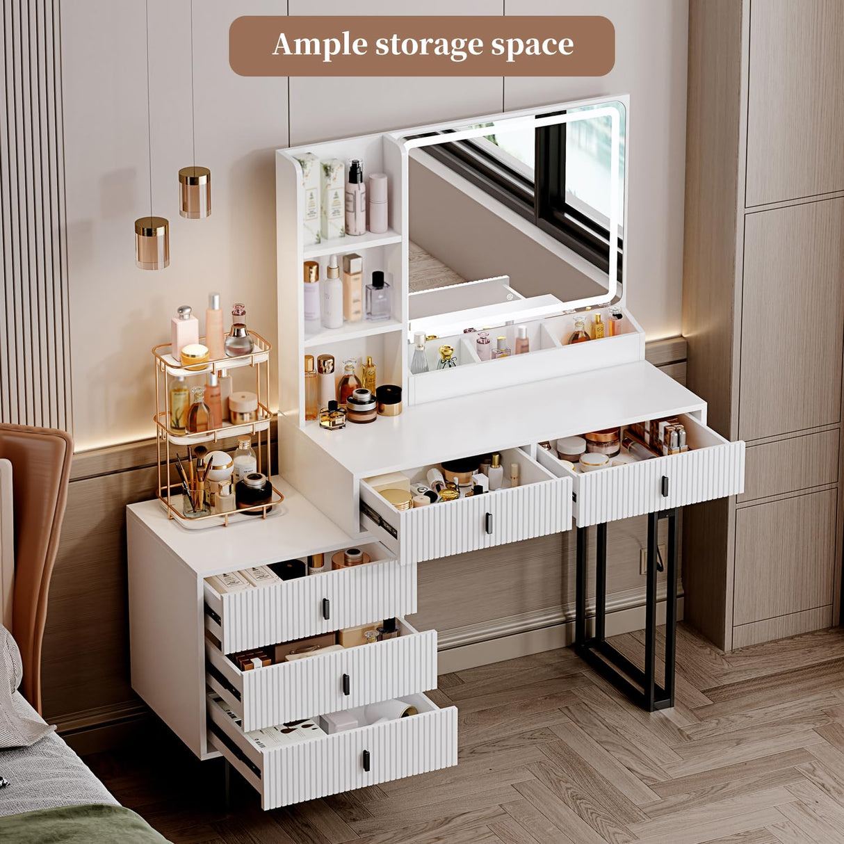 Large Vanity Desk with 3 Color Touch Screen Dimming Mirror, Vanity Desk with Charging Station, Modern Retractable Makeup Dressing Table, Vanity Table With storage shelves and 5 Sliding Drawers, White YYJ