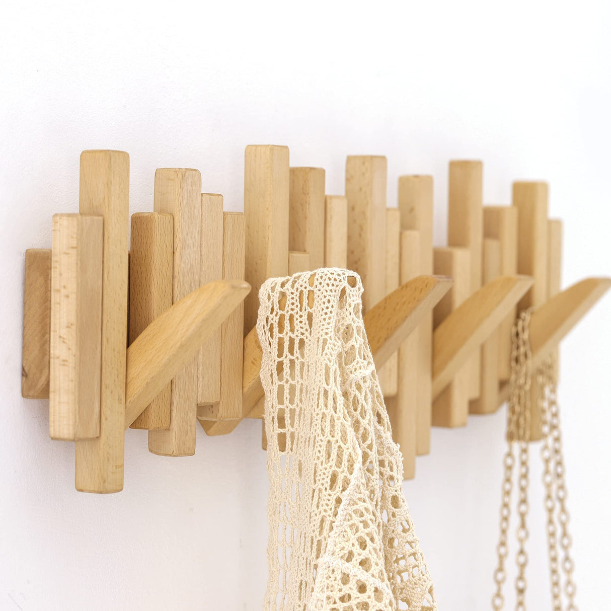 Acsigesn Wooden Coat Rack Wall Mounted Sticks Multi Rack Solid Handmade Natural Beech Wood Artwork with 6 Flip-Down Unique Modern Hooks for Coats Bag Hat Umbrella Acsigesn