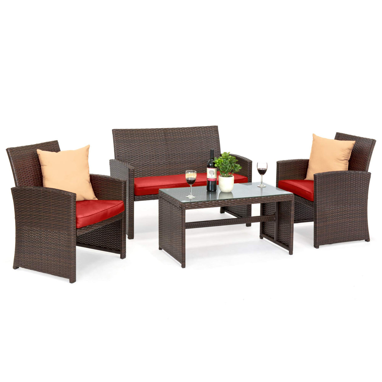 Best Choice Products 4-Piece Outdoor Wicker Patio Conversation Furniture Set for Backyard w/Coffee Table, Seat Cushions - Brown/Red Best Choice Products