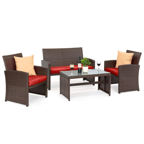 Best Choice Products 4-Piece Outdoor Wicker Patio Conversation Furniture Set for Backyard w/Coffee Table, Seat Cushions - Brown/Red Best Choice Products