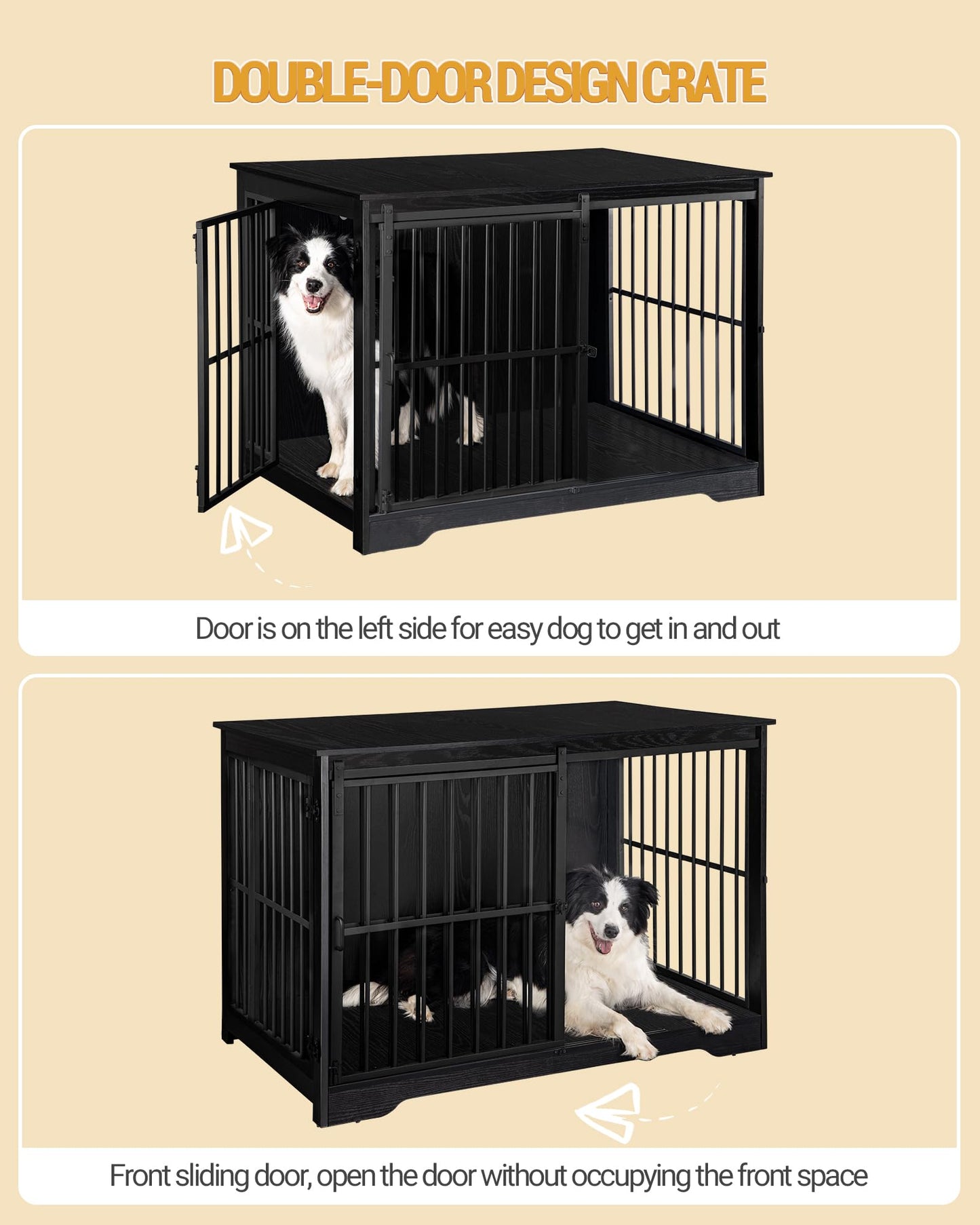 Hzuaneri Dog Crate Furniture, 44.1" Double Door Dog Crate with Barn Door, Dog Kennel Indoor, End Side Table Wooden Dog Crate for Small Medium Large Dog, Anti-Chew Anti-Escape, Black