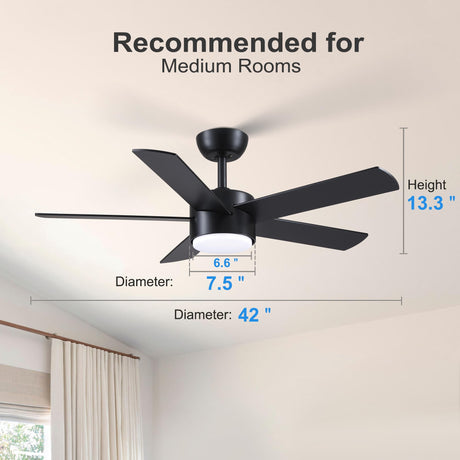 POCHFAN 42 inch Black Ceiling Fans with Lights and Remote Control, LED Ceiling Fan Dimmable 3-Color Temperatures 6-Speed, Quiet Modern Ceiling Fan for Bedroom, Living Room, Dining Room POCHFAN