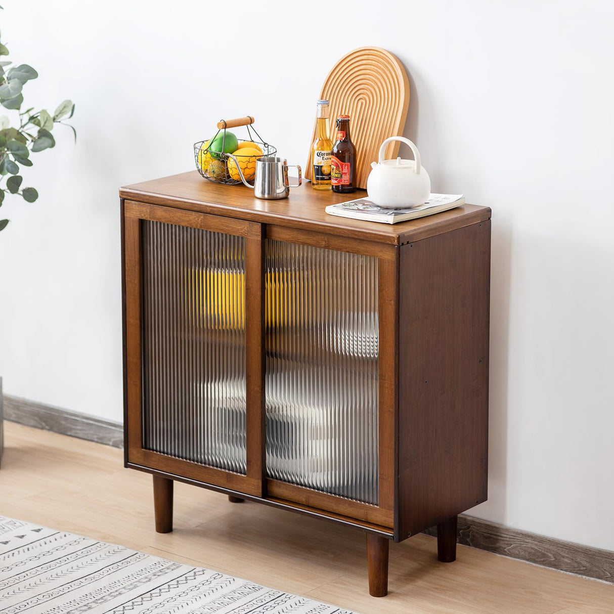 Tiita Bamboo Sideboard Buffet Cabinet, Rattan Kitchen Storage Cabinet, Boho Coffee Bar Tables for Kitchen Living Room Hallway Office, Walnut Tiita