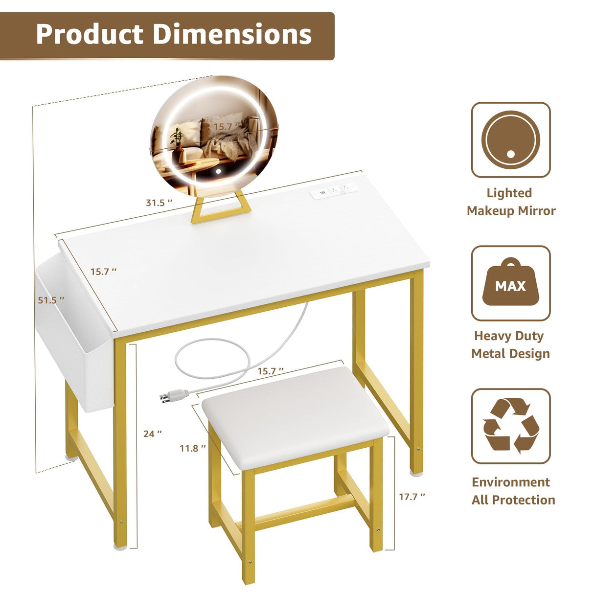 KAI-ROAD Makeup Vanity Desk with Mirror and Lights - Small White Gold Vanity Table with Chair, Power Outlet, Modern Make Up Vanitys Desks Set, Dressing Table for Girls Bedroom KAI-ROAD