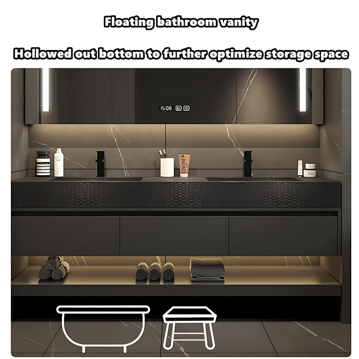 ZGNBSD Bathroom Vanity with Sink - Floating Bathroom Vanity | Wall Mount | Modern Bathroom Vanity with LED Smart Defogging Medicine Cabinet | Solid Wood Bathroom Vanity (Double Sink,60") ZGNBSD