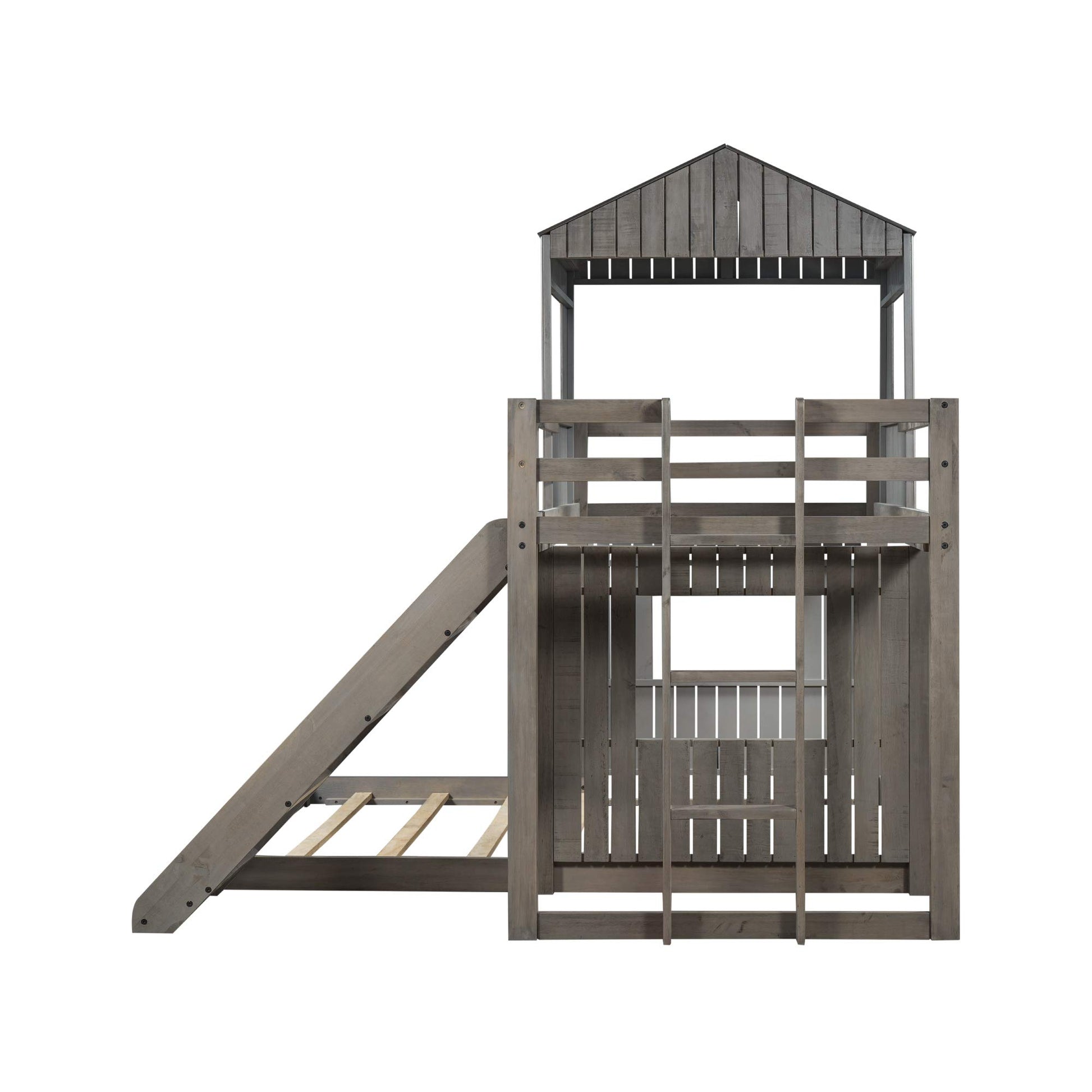 Harper & Bright Designs Antique Gray Twin Over Full House Bunk Bed with Slide and Guard Rail - WoodArtSupply