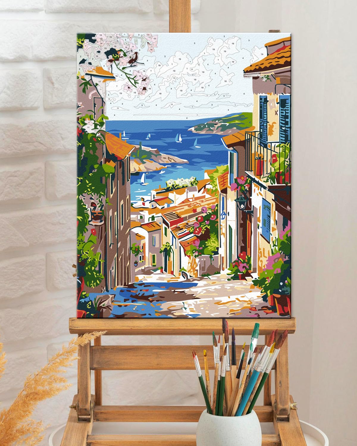 TOCARE Framed Paint by Numbers Kit for Adults, 12x16Inch Mediterranean Paint by Numbers with Frame, Greece Paint by Number Framed Canvas Nature Scenery(Without Easel) TOCARE