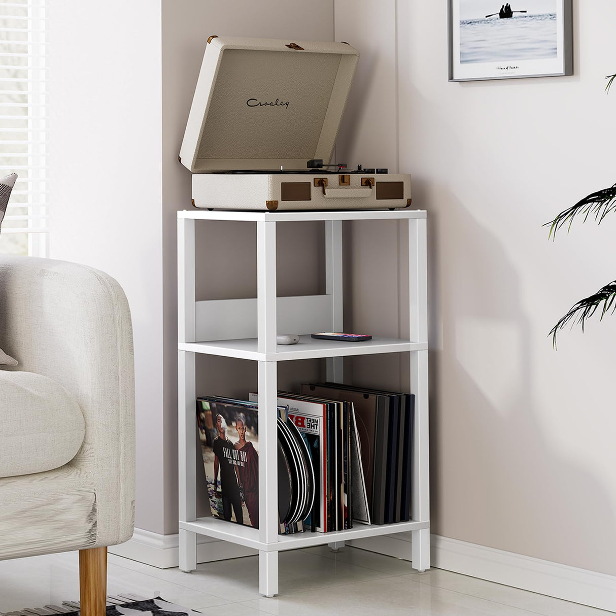 TUTOTAK Record Player Stand with Storage Up to 100 Albums,Record Storage Table,3 Tier End Table,Side Table for Living Room, Bedroom, White TB01BW075 TUTOTAK