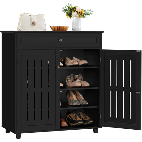 Topeakmart Wood Shoe Cabinet, Floor Storage Container with 4 Storage Shelves for Entryway Bathroom Living Room, Black Topeakmart
