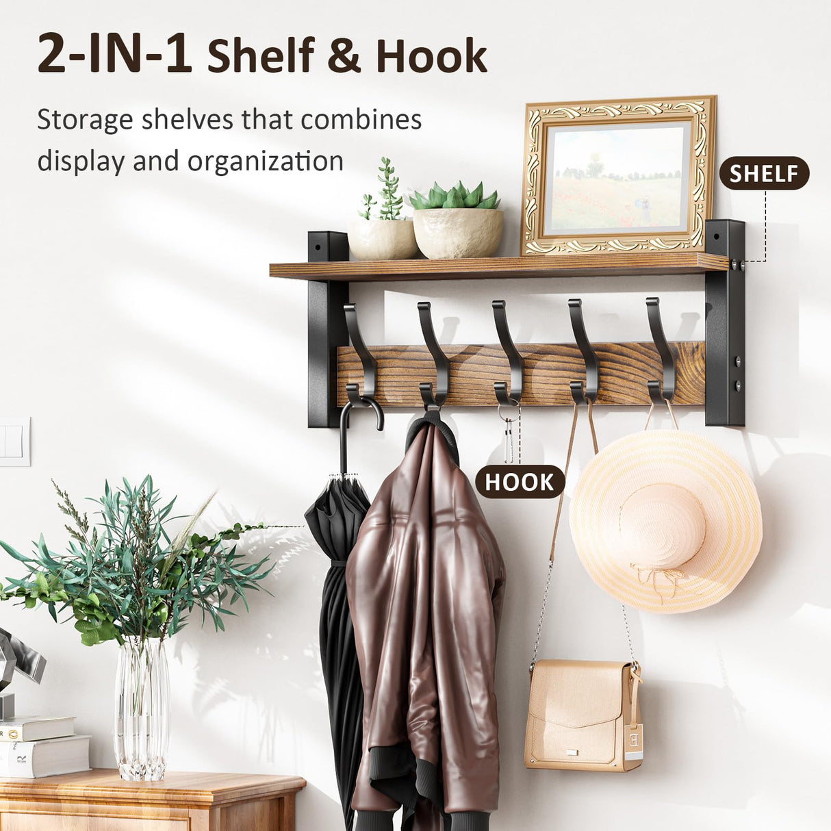 Optish Coat Rack Wall Mount with Shelf, 17.1 Inch Coat Hanger Walls Mounted, Hat Rack for Walls, Shelf with 5 Coat Hooks, Wall Hanger for Entryway (Brown) Optish