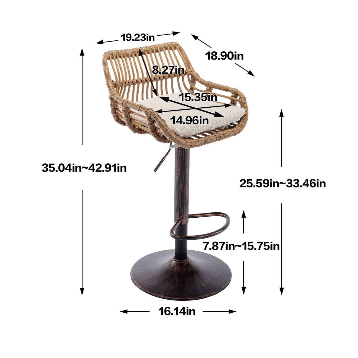 Kakotito Rattan Bar Stools, Adjustable Barstools with Linen Cushion, 360° Swivel Bar Stool with Low Back & Footrest, Classical Barstool Set of 2 for Kitchen and Bar (Brown) Kakotito