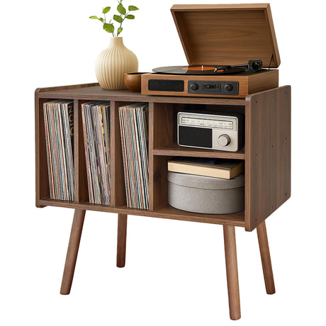 Record Player Stand with Vinyl Storage, Wooden Record Player Table with 5 Cabinet, Large Vinyl Record Player Stand, Record Player Holder, Record Player Shelf for Office Living Room, Walnut Montex