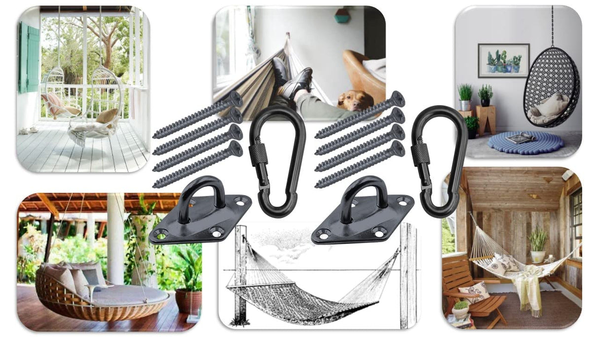 Branded Boards Heavy Duty Black or Silver 1000lb Load Hammock Hanging Kits with Locking Carabiner Snap Hooks, for Trees, Ceilings, Walls, Porches, Posts (Diamond-Plate-Hammock-Kit-Black) Branded Boards
