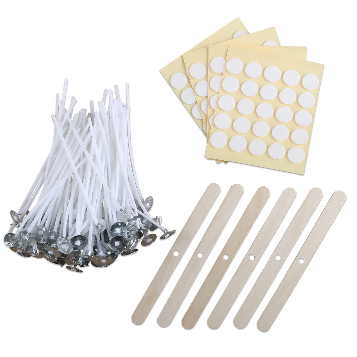 MILIVIXAY 3.5" Candle Wick Bundle: 100PCS Candle Wicks, 100PCS Candle Wick Stickers and 6PCS Wooden Candle Wick Holders - Wicks Coated with Paraffin Wax, Cotton Wicks Kits for Candle Making. MILIVIXAY