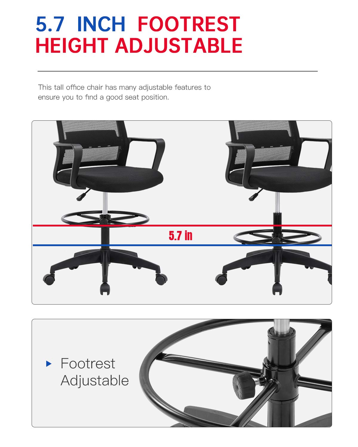 Drafting Chair Tall Office Chair Adjustable Height with Lumbar Support Arms Footrest Mid Back Desk Chair Swivel Rolling Mesh Computer Chair for Adults Standing Desk Drafting Stool(Black) BestOffice
