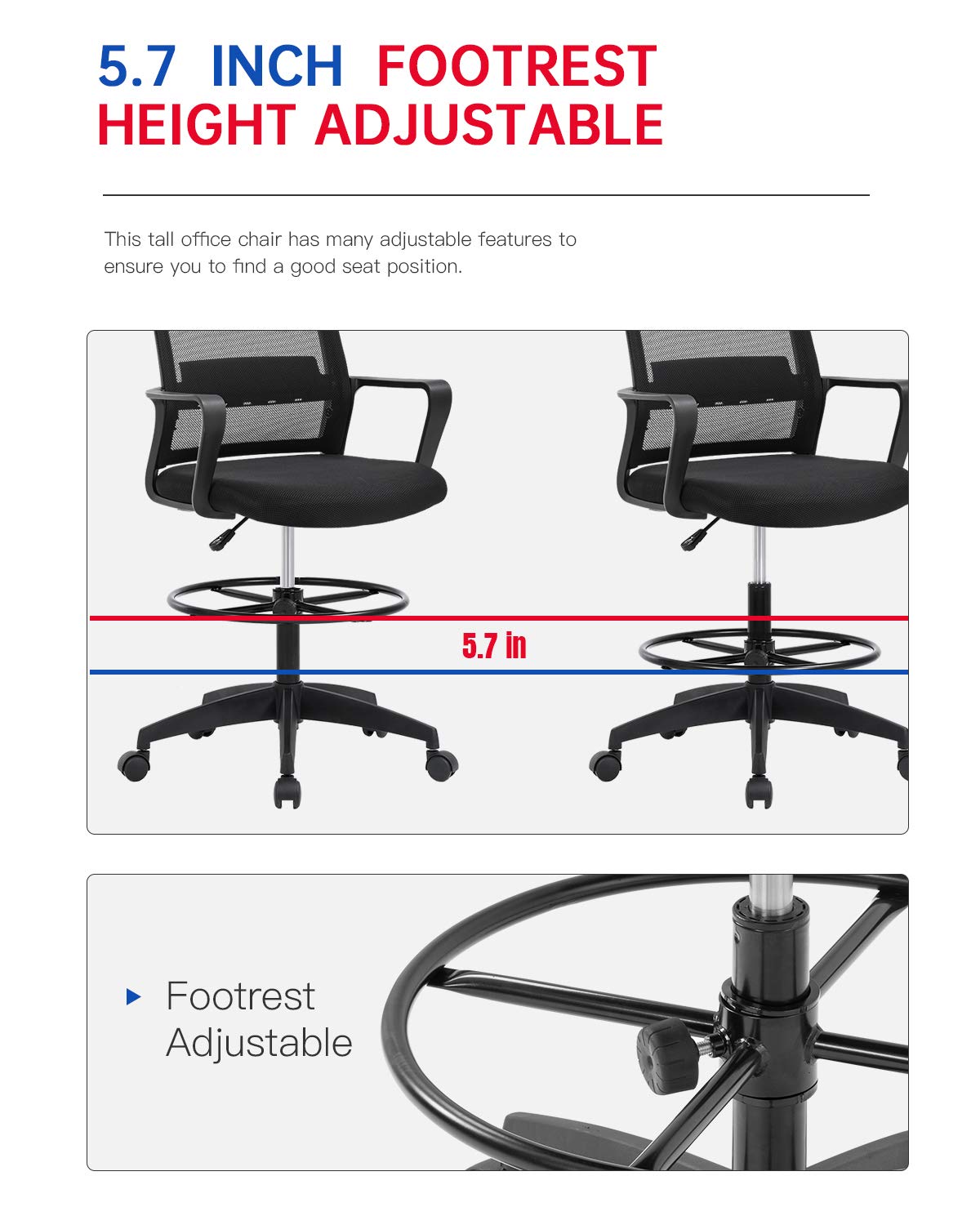 Drafting Chair Tall Office Chair Adjustable Height with Lumbar Support Arms Footrest Mid Back Desk Chair Swivel Rolling Mesh Computer Chair for Adults Standing Desk Drafting Stool(Black)