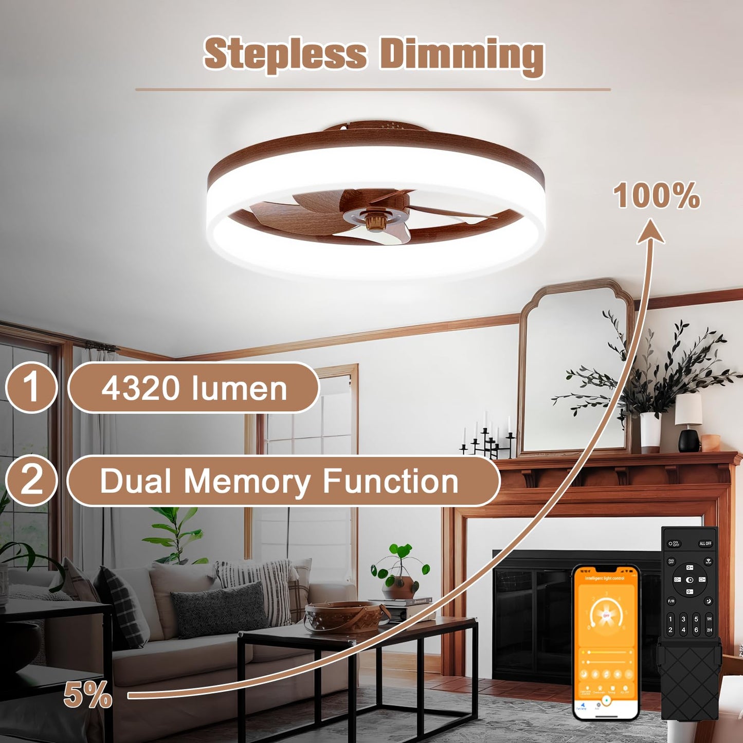 VOLISUN Farmhouse Ceiling Fans with Lights and Remote, 19.7in Low Profile Ceiling Fan Flush Mount, 3000K-6500K Dimmable Bladeless LED Fan Light, Fandelier Ceiling Fans with Lights for Bedroom(Walnut)