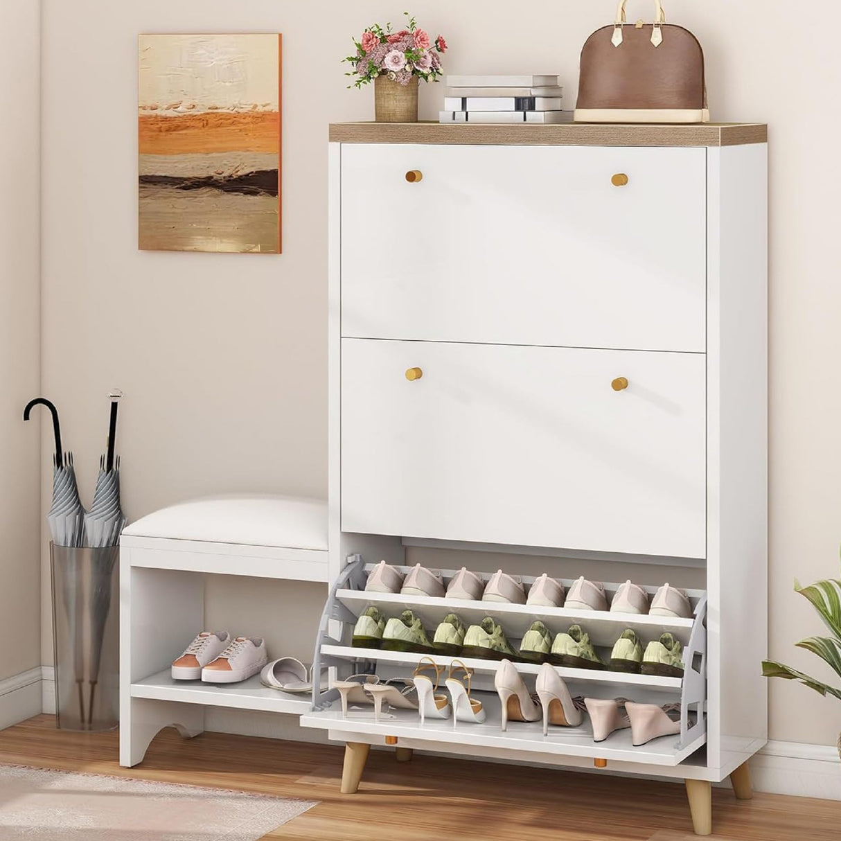 DWVO Shoe Cabinet with Bench for Entryway, Modern Shoe Storage Cabinet Shoe Bench, Narrow Hidden Shoe Organizer with 3 Flip Drawer, for Hallway, Closet, Living Room, White DWVO