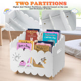 Calmbee Wooden Kids Bookshelf with 2 Adjustable Dividers, Montessori Bookshelf with Animal Carvings for Nursey Room Classroom Playroom, Toy Storage Oragnzier, for Your Baby´s Bedroom, White Calmbee