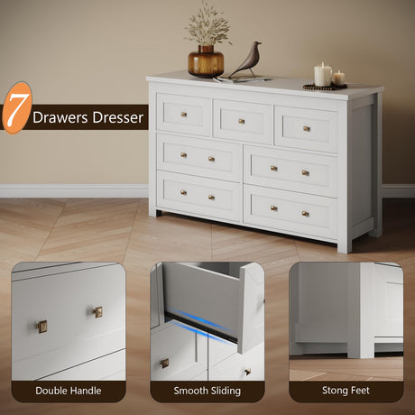 Dresser for Bedroom with 7 Drawers, Farmhouse Wood Chest of Drawers, Wide TV Stand Closet Storage Furniture with Metal Handle, Modern Clothes Organizer for Hallway, Living Room, Entryway, White Xixini