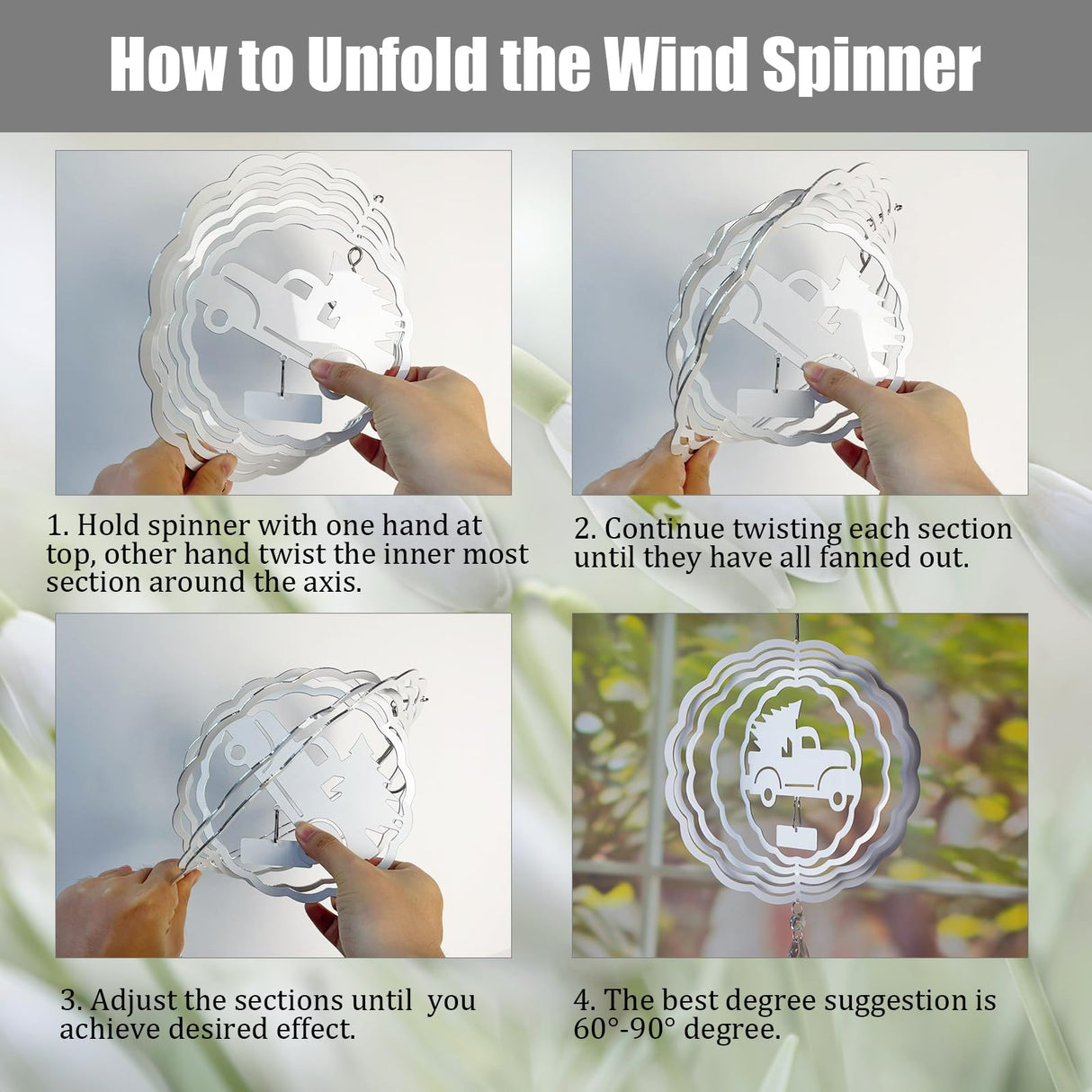 WindMage 4Pack 8inch Sublimation Wind Spinner Blanks 3D Aluminum Metal Wind Sculpture Kinetic Spinners for Yard Garden Indoor Art Sublimation Christmas Ornament Hanging Decoration (Xmas Tree Truck) WindMage