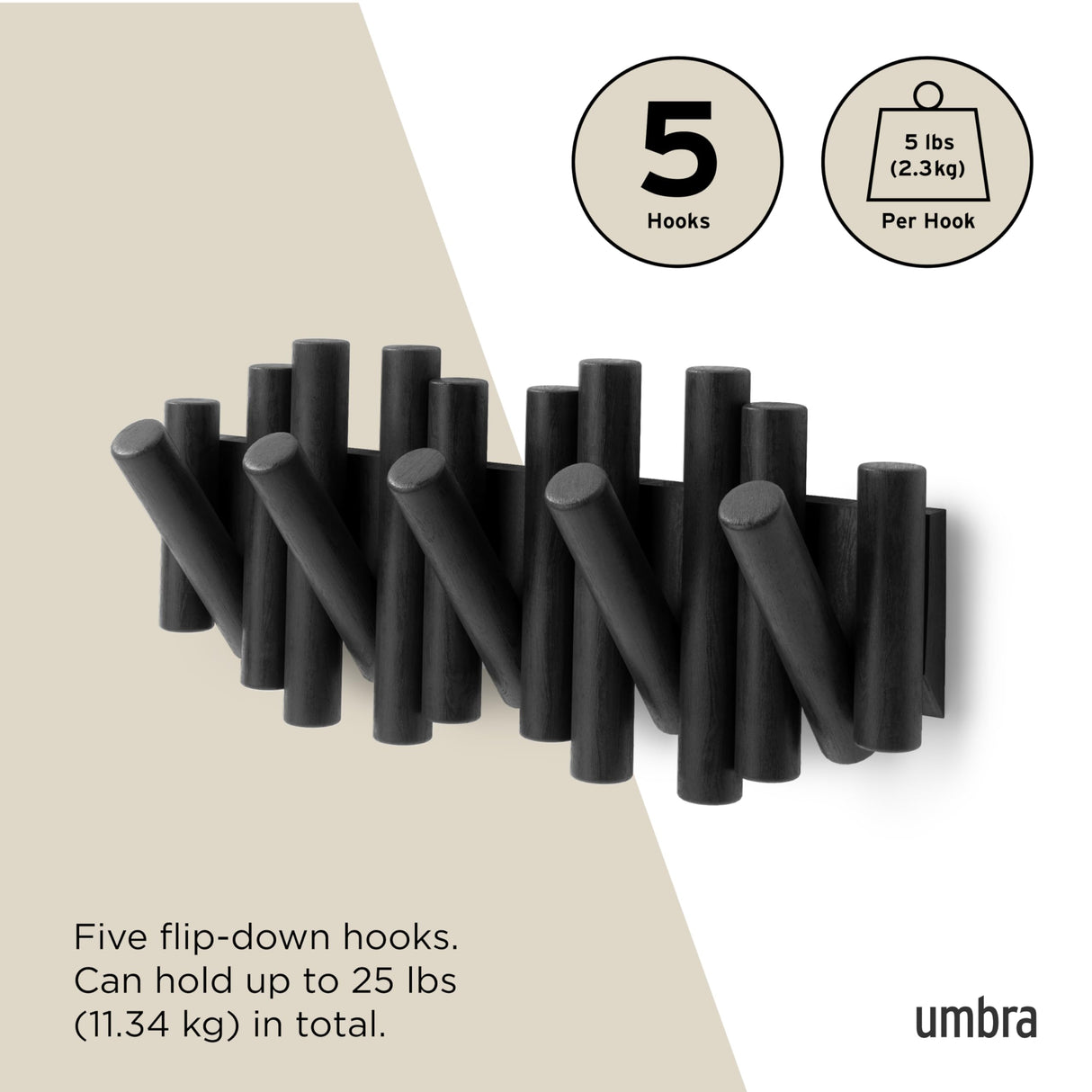 Umbra Picket Wall-Mounted Coat Rack Rail Hook with 5 Retractable Wood Pegs – Modern, Space-Saving Storage Organizer, Black Umbra