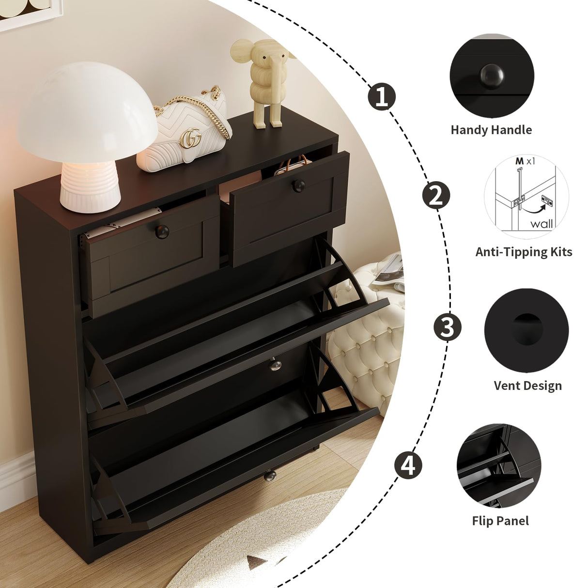 VOWNER Shoe Cabinet with 2 Flip Drawers & 2 Drawers, Freestanding Shoe Storage Cabinet with Adjustable Shelves, Shoe Organizer for Entryway, Hallway, Living Room (Black) VOWNER