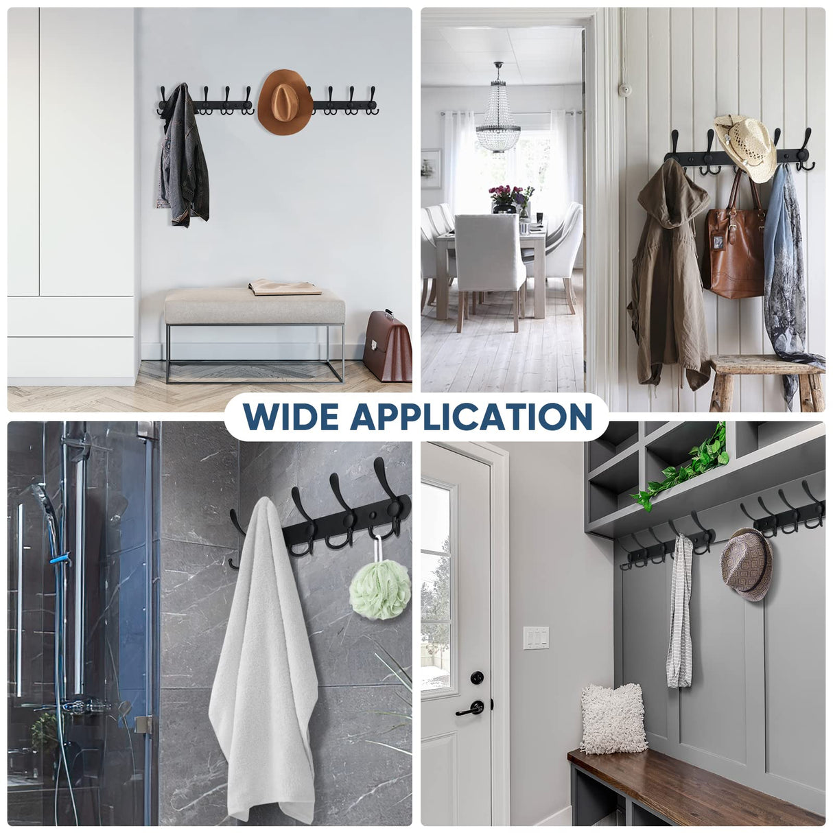 TICONN Wall Mounted Coat Rack, Five Heavy Duty Tri Hooks All Metal Construction for Jacket Coat Hat in Mudroom Entryway (Matte Black, 2-Pack) TICONN