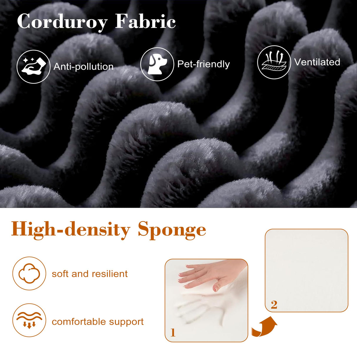 110 Corduroy Modular Sectional Boneless Sofa with 2 Ottomans, Convertible Cloud Couch with Deep Seats, Fluffy Memory Foam U Shaped Couch for Living Room, No Assembly Required, Black (Gray) Garaneeds