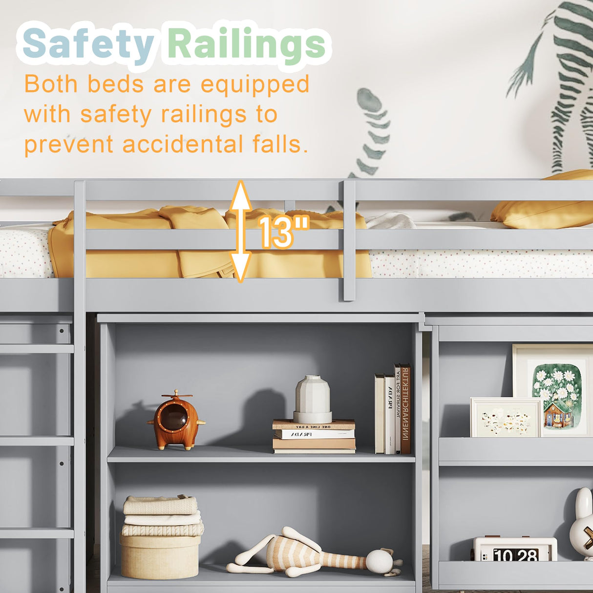 Low Loft Bed with Storage & Rolling Out Desk, Kids Twin Size Loft Beds with Bookcase & Drawers, Rubber Wood Junior Lofts Bed with Dresser/Shelves/Ladder/Guardrails for Boys Girls Teens, Gray Duxelifin