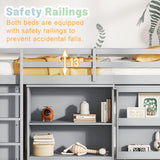 Low Loft Bed with Storage & Rolling Out Desk, Kids Twin Size Loft Beds with Bookcase & Drawers, Rubber Wood Junior Lofts Bed with Dresser/Shelves/Ladder/Guardrails for Boys Girls Teens, Gray Duxelifin