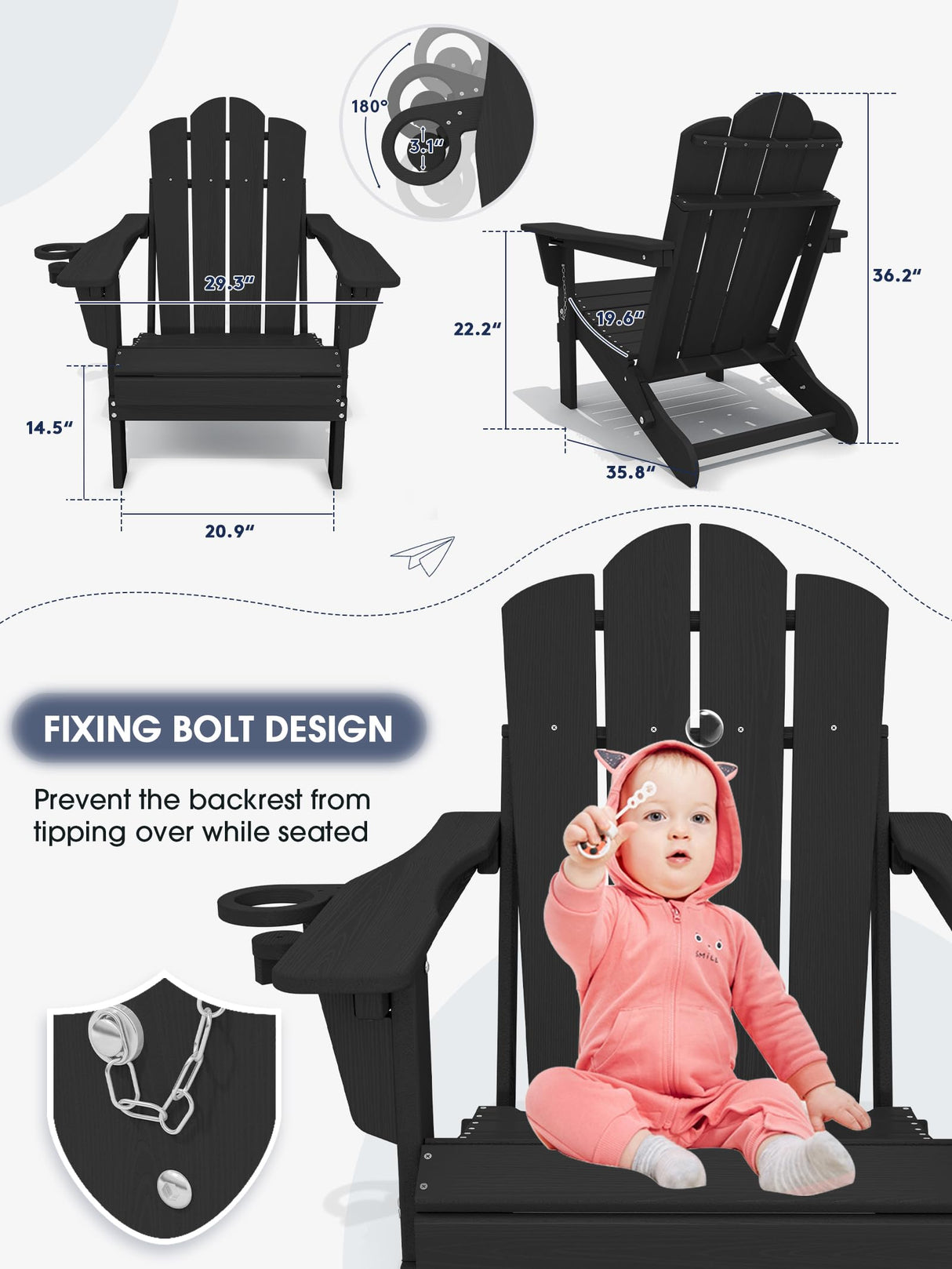 KINGYES Folding Adjustable Backrest Adirondack Chair with Cup Holder, Oversized Weather Resistance Adirondack Chair, HDPE Reclining Adirondack Chair for Adult, Black KINGYES