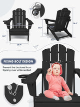 KINGYES Folding Adjustable Backrest Adirondack Chair with Cup Holder, Oversized Weather Resistance Adirondack Chair, HDPE Reclining Adirondack Chair for Adult, Black KINGYES