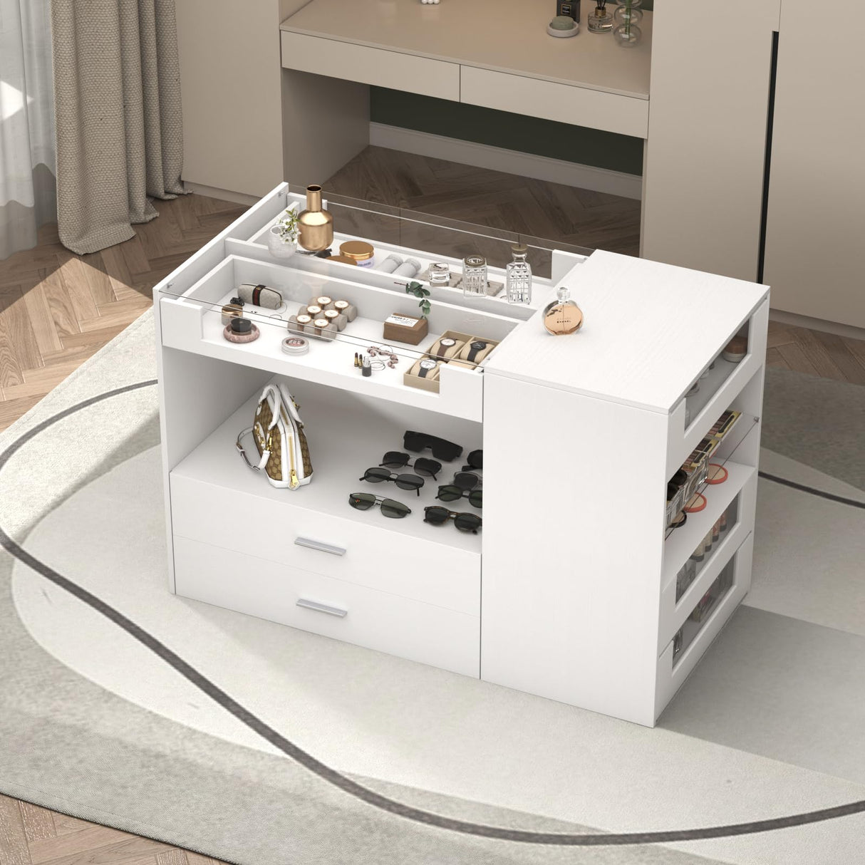 Closet Island with Drawers, 9 Drawers & 2 Shelves – White Jewelry Storage Vanity Island with Glass Top for Closet & Walk-in Wardrobe – 47.2" W x 23.6" D x 31.5" H GOFEI