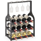 Wine Rack Countertop for 12 Wine Bottles and 4 Glass Holder, Small Bamboo Free Standing Racks Tabletop Display, Wooden Wine Storage Organizer for Cabinet Pantry Kitchen Bar Home Dining Room (Black) MHXW SXPN