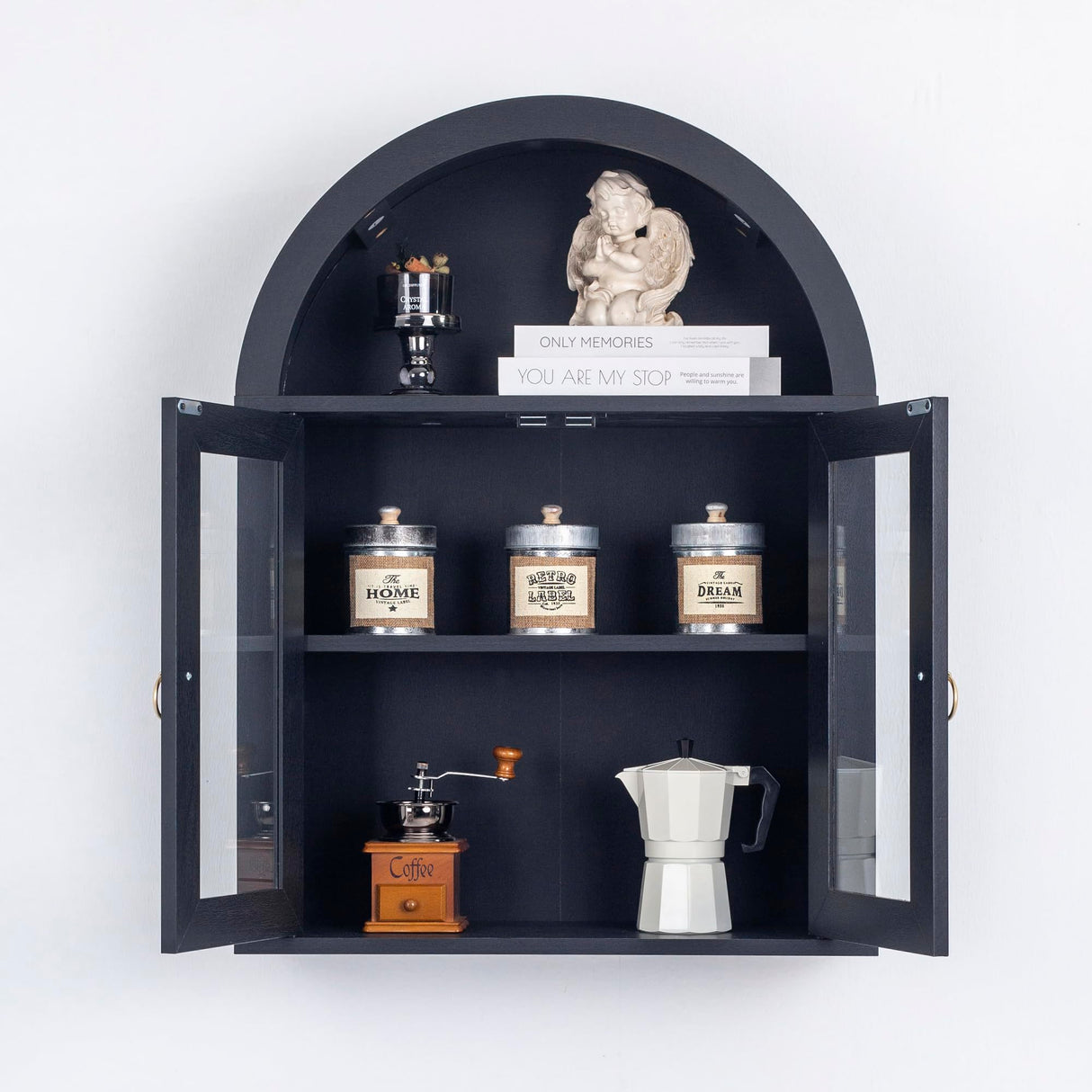 TDLEAYYD Arched Wall Cabinet with Glass Door, Arch Display Wall Mounted Cabinet, Farmhouse Wall Cabinet with Shelves for Living Room, Bathroom, Kitchen (Black) TDLEAYYD