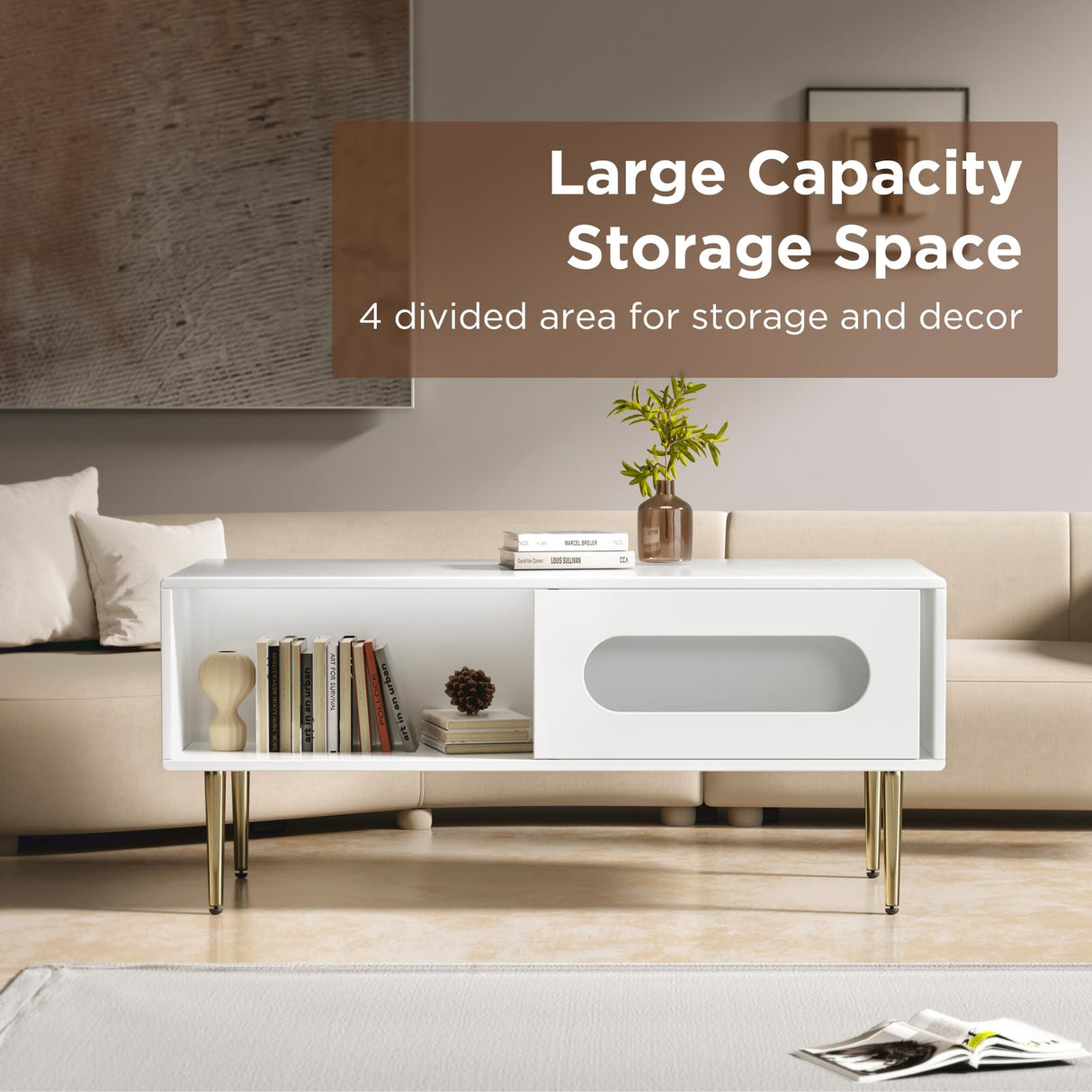 VEELOK Modern Coffee Table for Living Room - LED Living Room Table with 4 Storage Compartments, Semi See-Through Sliding Doors - Glossy Finish, Metal Legs, Rounded Edges - Contemporary Home Furniture VEELOK